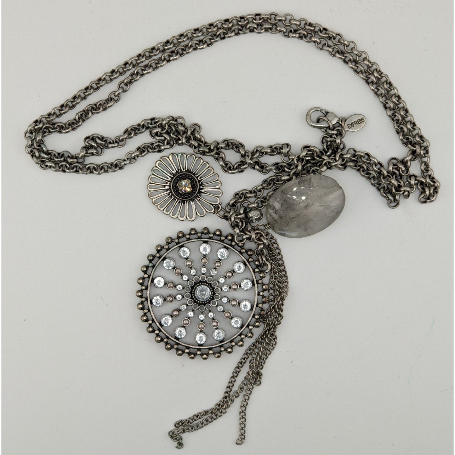 Express Y2K Glam Medallion Long Silver-Tone Layered Pendant Necklace With Crystal Accents & Floral Charms