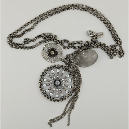 Express Y2K Glam Medallion Long Silver-Tone Layered Pendant Necklace With Crystal Accents & Floral Charms