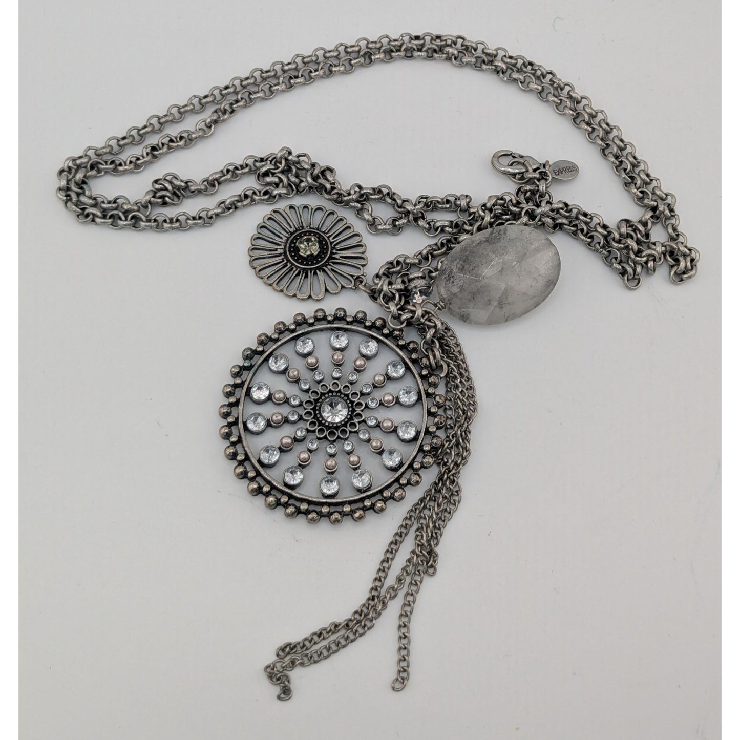 Express Y2K Glam Medallion Long Silver-Tone Layered Pendant Necklace With Crystal Accents & Floral Charms