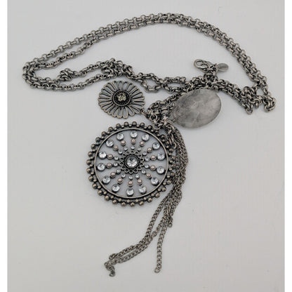Express Y2K Glam Medallion Long Silver-Tone Layered Pendant Necklace With Crystal Accents & Floral Charms