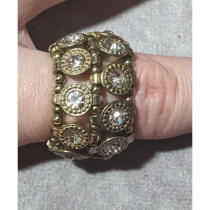 Chunky Gemmed Silver Tone Double Layer Beaded Stretch Ring Size 8