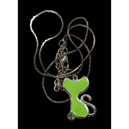 Retro Green Enamel Cat Pendant Necklace With Silver Tone Chain