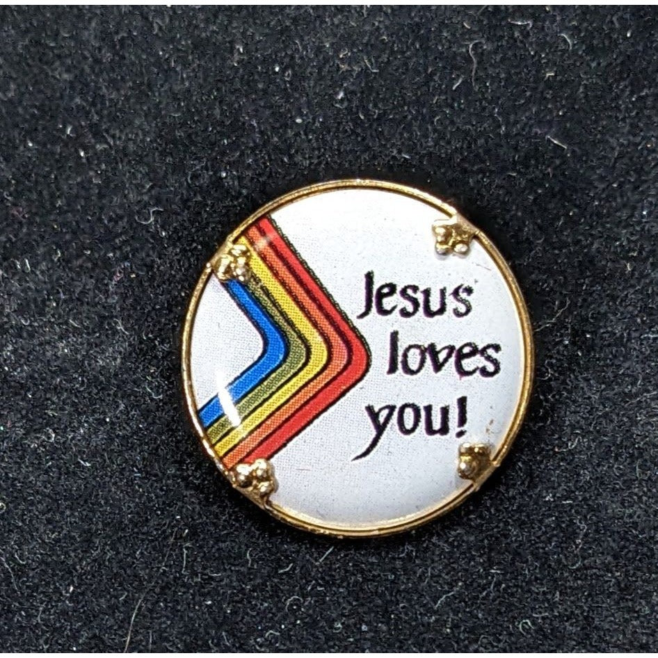 Vintage Rainbow "Jesus Loves You!" Round Pinback Button Religious Inspirational Pin