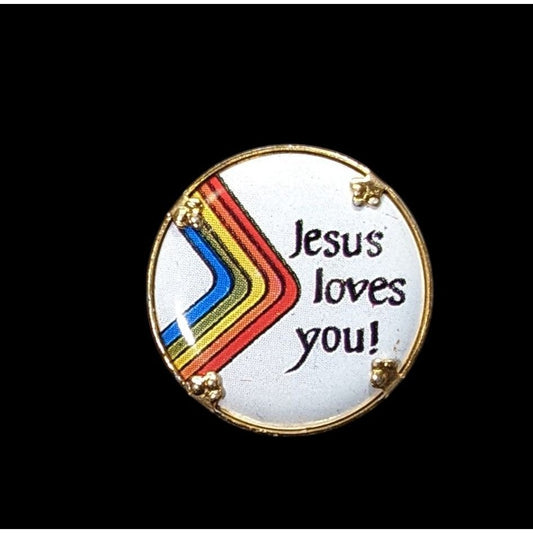 Vintage Rainbow "Jesus Loves You!" Round Pinback Button Religious Inspirational Pin