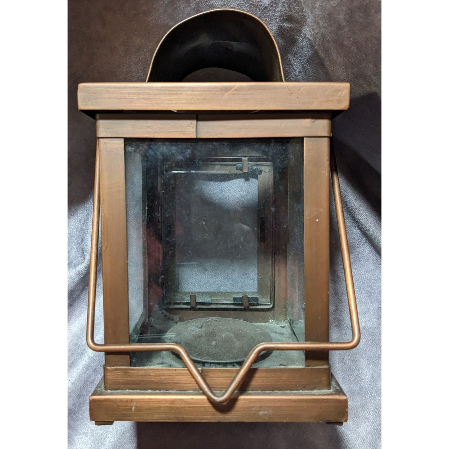 Vintage Brushed Copper And Glass Lantern With Handle And Door