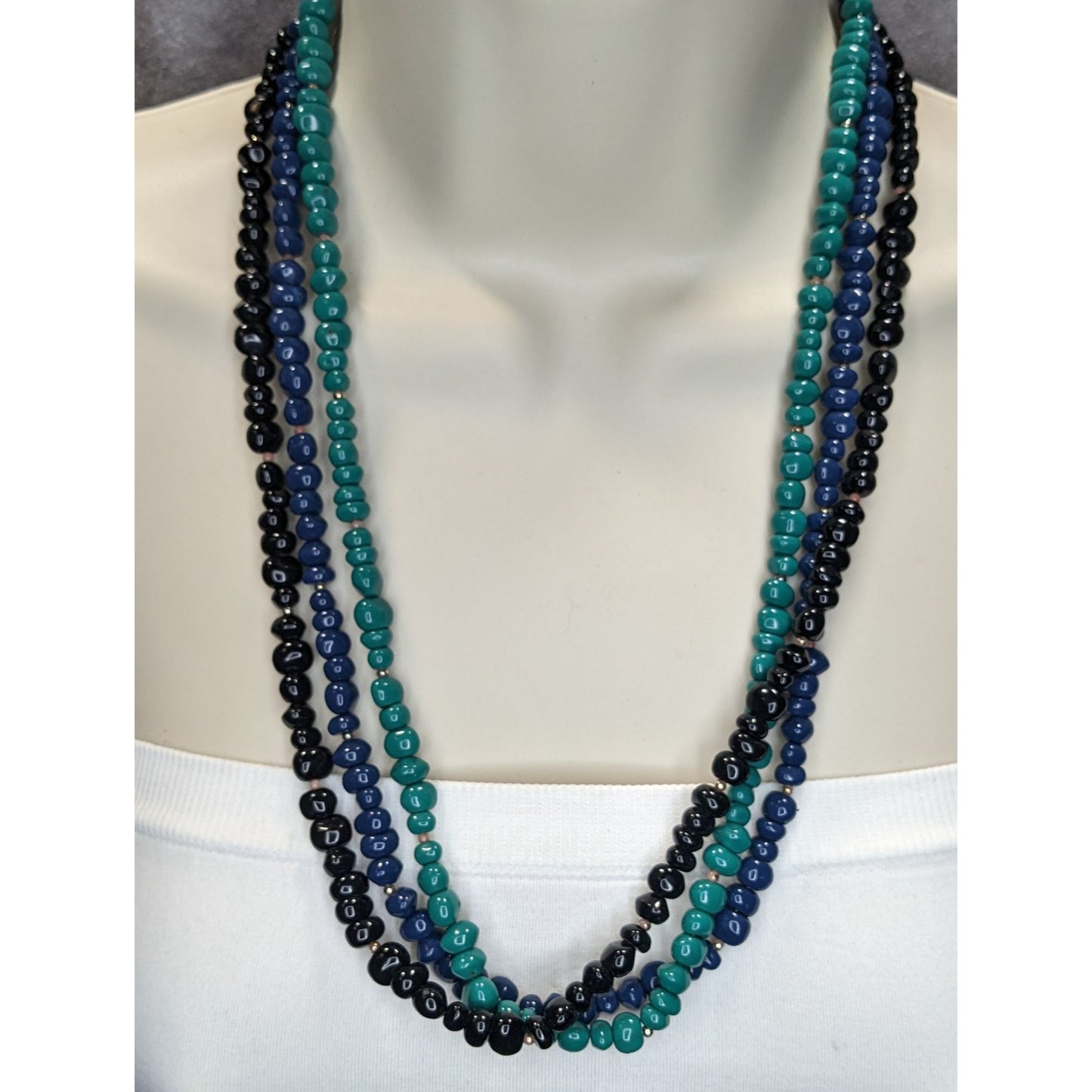 Vintage 80s Multi-Strand Necklace With Blue & Green Acrylic Beads