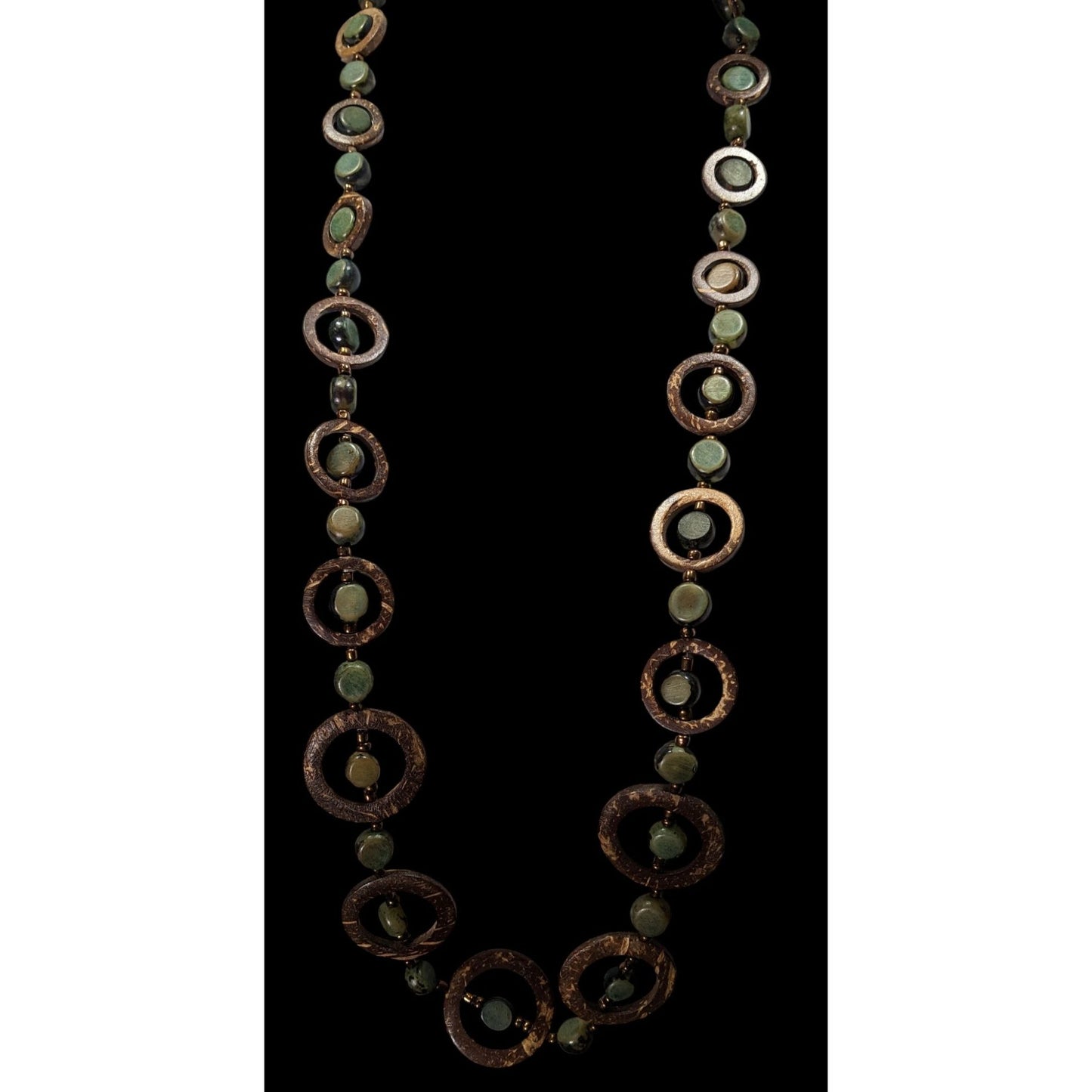 Handcrafted Wooden Brown And Green Disc Necklace With Circular Accents