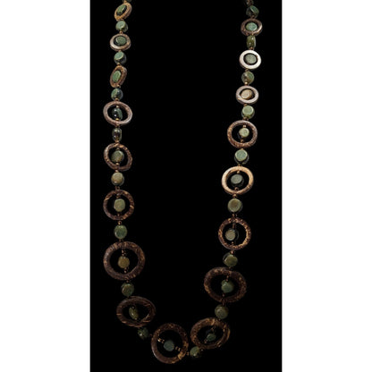 Handcrafted Wooden Brown And Green Disc Necklace With Circular Accents
