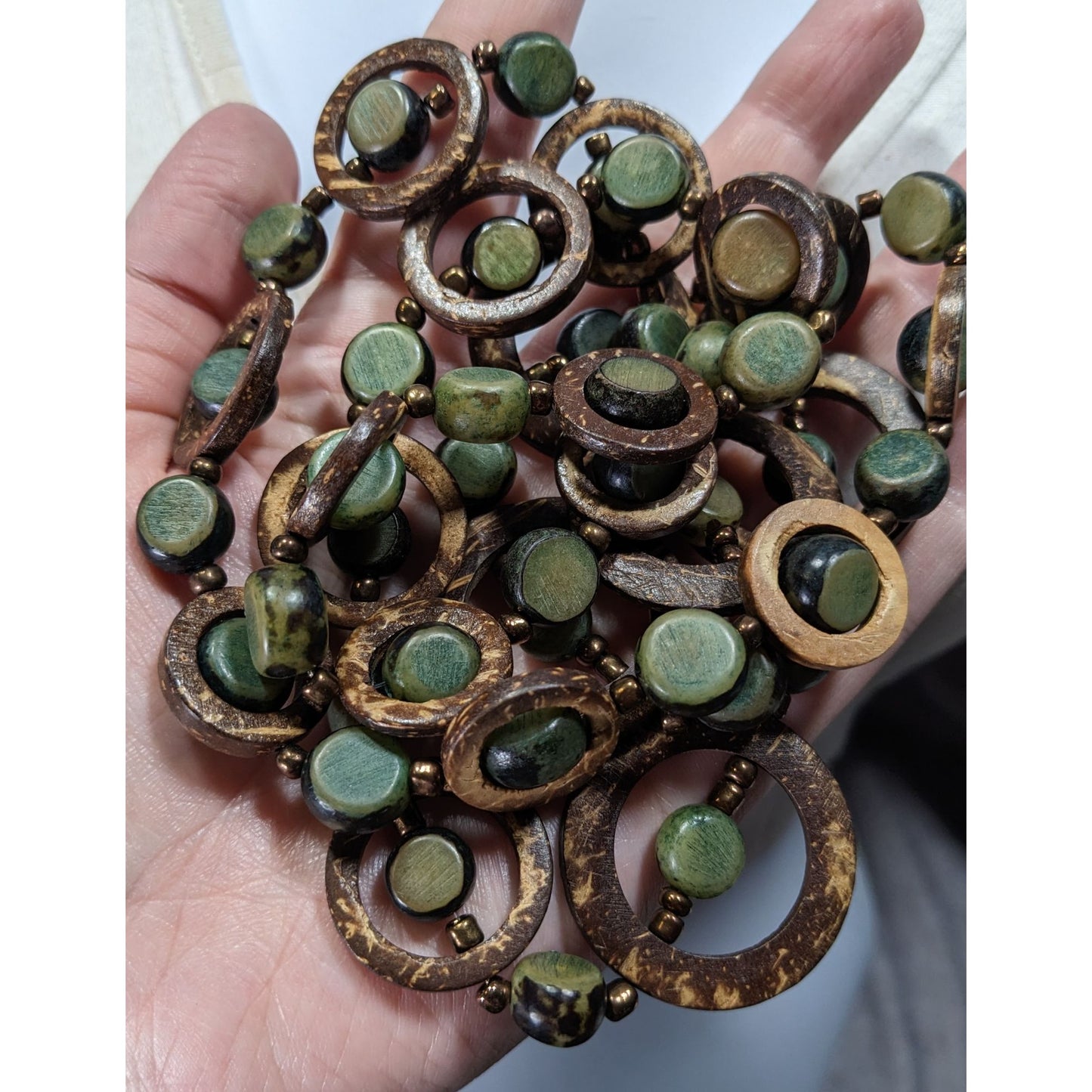 Handcrafted Wooden Brown And Green Disc Necklace With Circular Accents