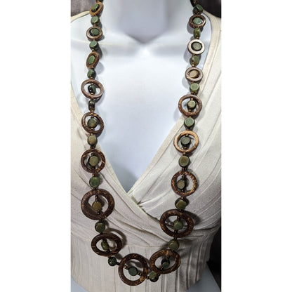 Handcrafted Wooden Brown And Green Disc Necklace With Circular Accents
