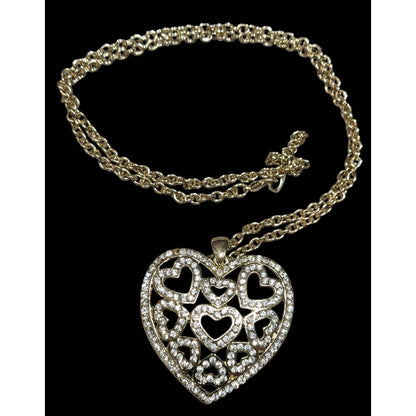 Coquette Glam Rhinestone Filigree Heart In Heart Pendant Necklace