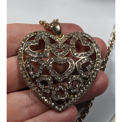 Coquette Glam Rhinestone Filigree Heart In Heart Pendant Necklace