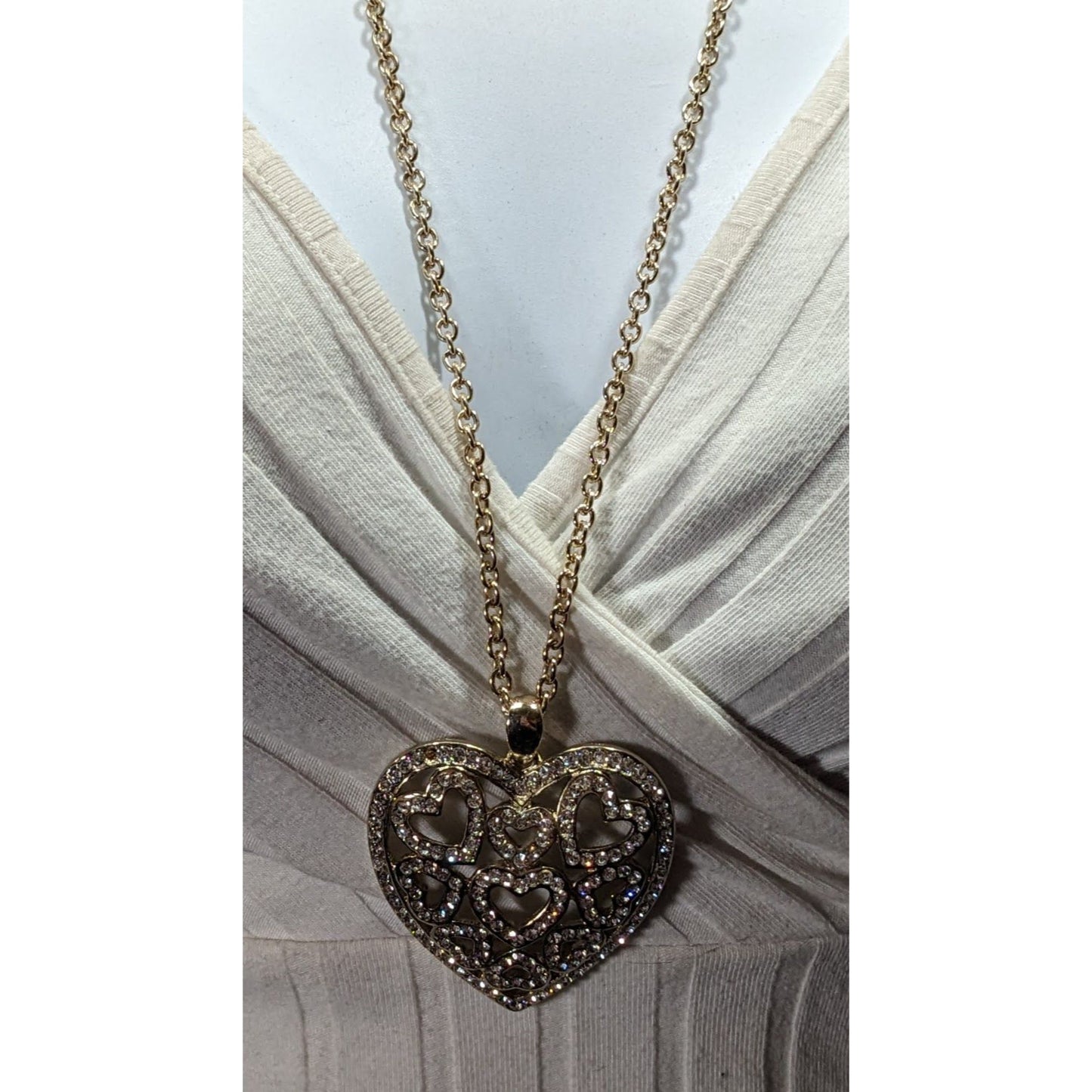 Coquette Glam Rhinestone Filigree Heart In Heart Pendant Necklace