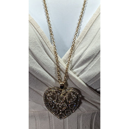 Coquette Glam Rhinestone Filigree Heart In Heart Pendant Necklace
