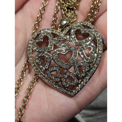 Coquette Glam Rhinestone Filigree Heart In Heart Pendant Necklace