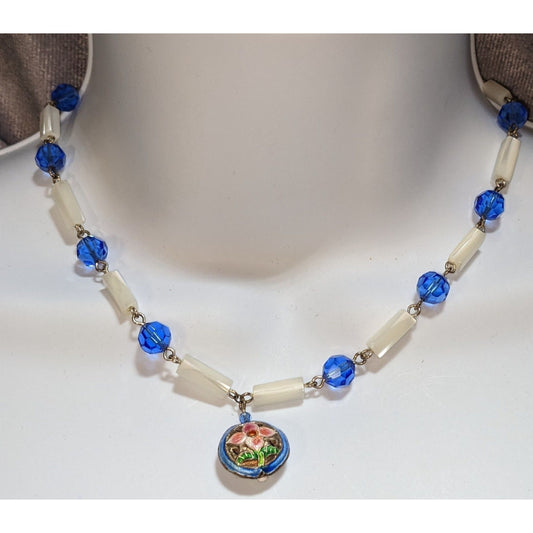 Vintage Emily Ray Blue White Beaded Necklace Floral Charm Cottagecore Garden Jewelry