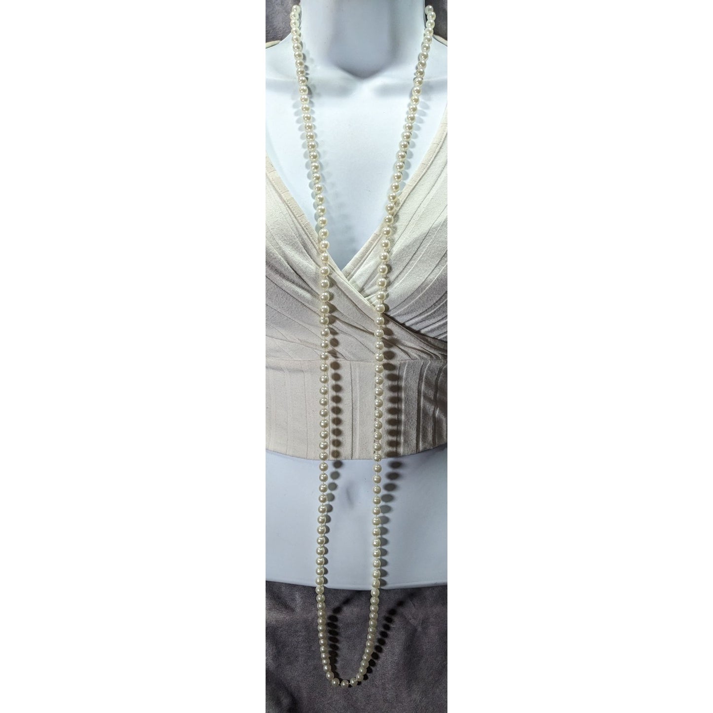 Classic Long White Faux Pearl Beaded Necklace