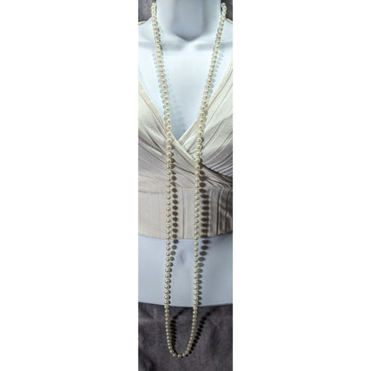 Classic Long White Faux Pearl Beaded Necklace