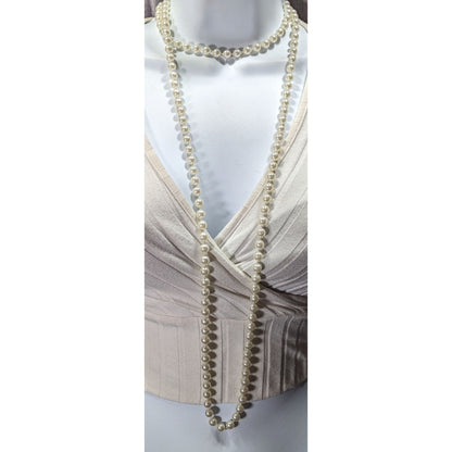 Classic Long White Faux Pearl Beaded Necklace