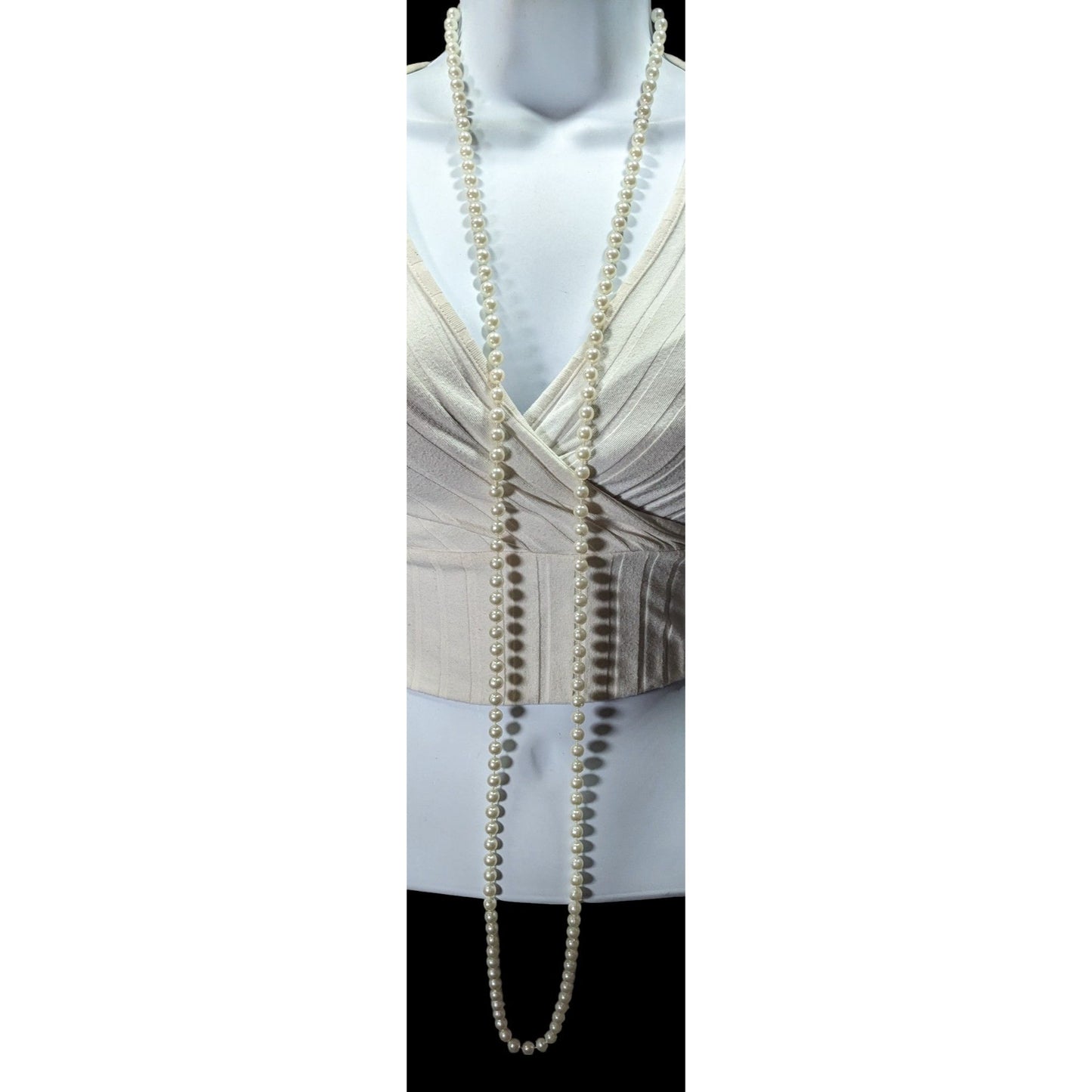 Classic Long White Faux Pearl Beaded Necklace