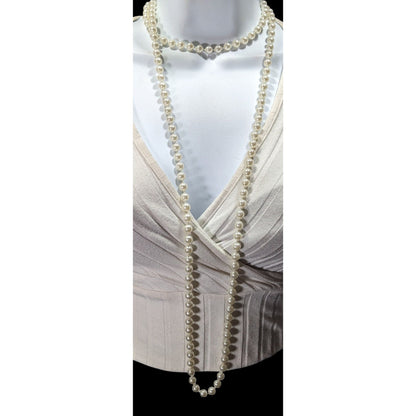 Classic Long White Faux Pearl Beaded Necklace