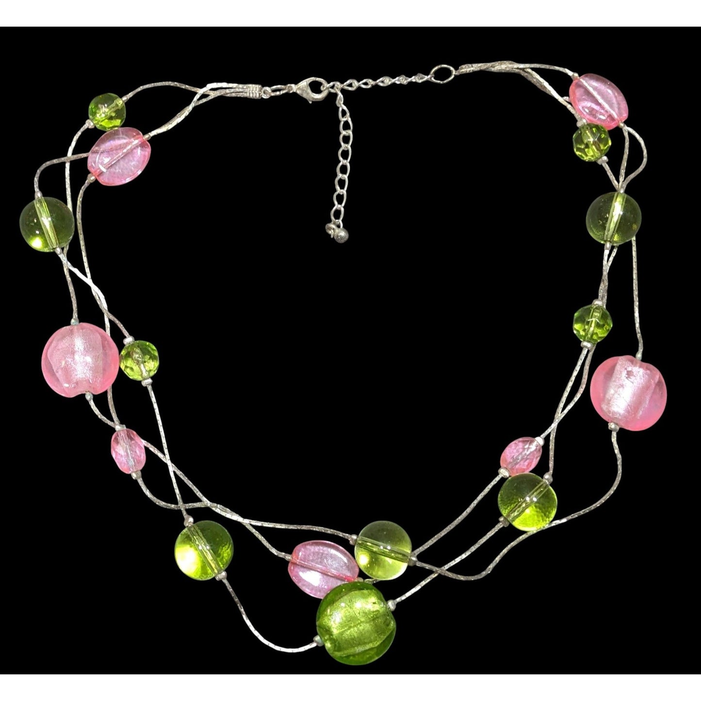 Whimsical Pink And Green Glass Layered Station Necklace