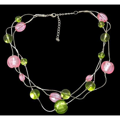 Whimsical Pink And Green Glass Layered Station Necklace