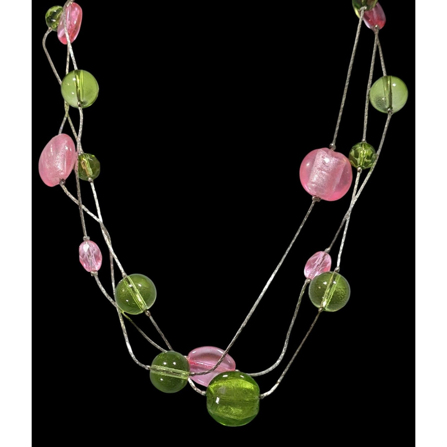 Whimsical Pink And Green Glass Layered Station Necklace