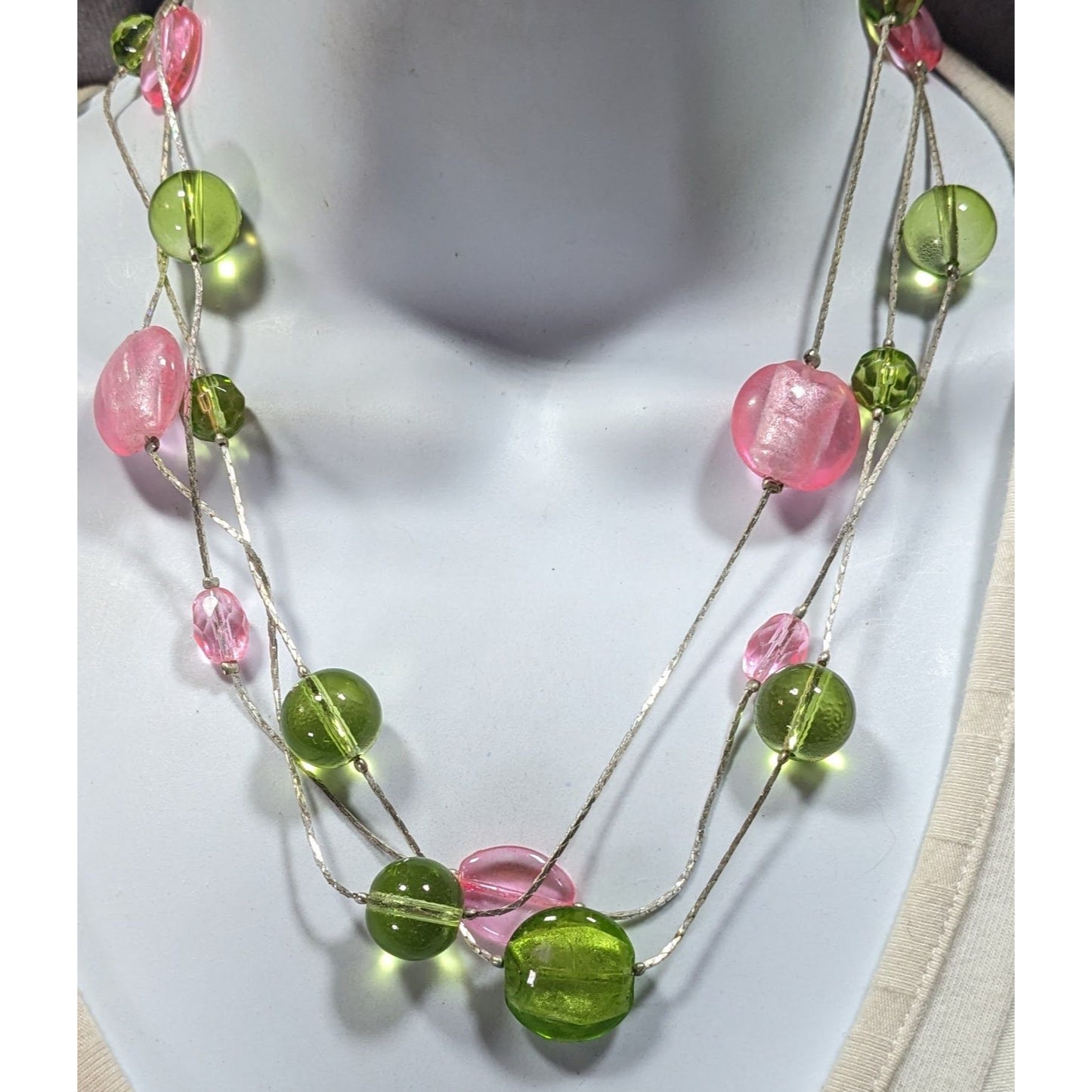 Whimsical Pink And Green Glass Layered Station Necklace