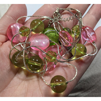 Whimsical Pink And Green Glass Layered Station Necklace