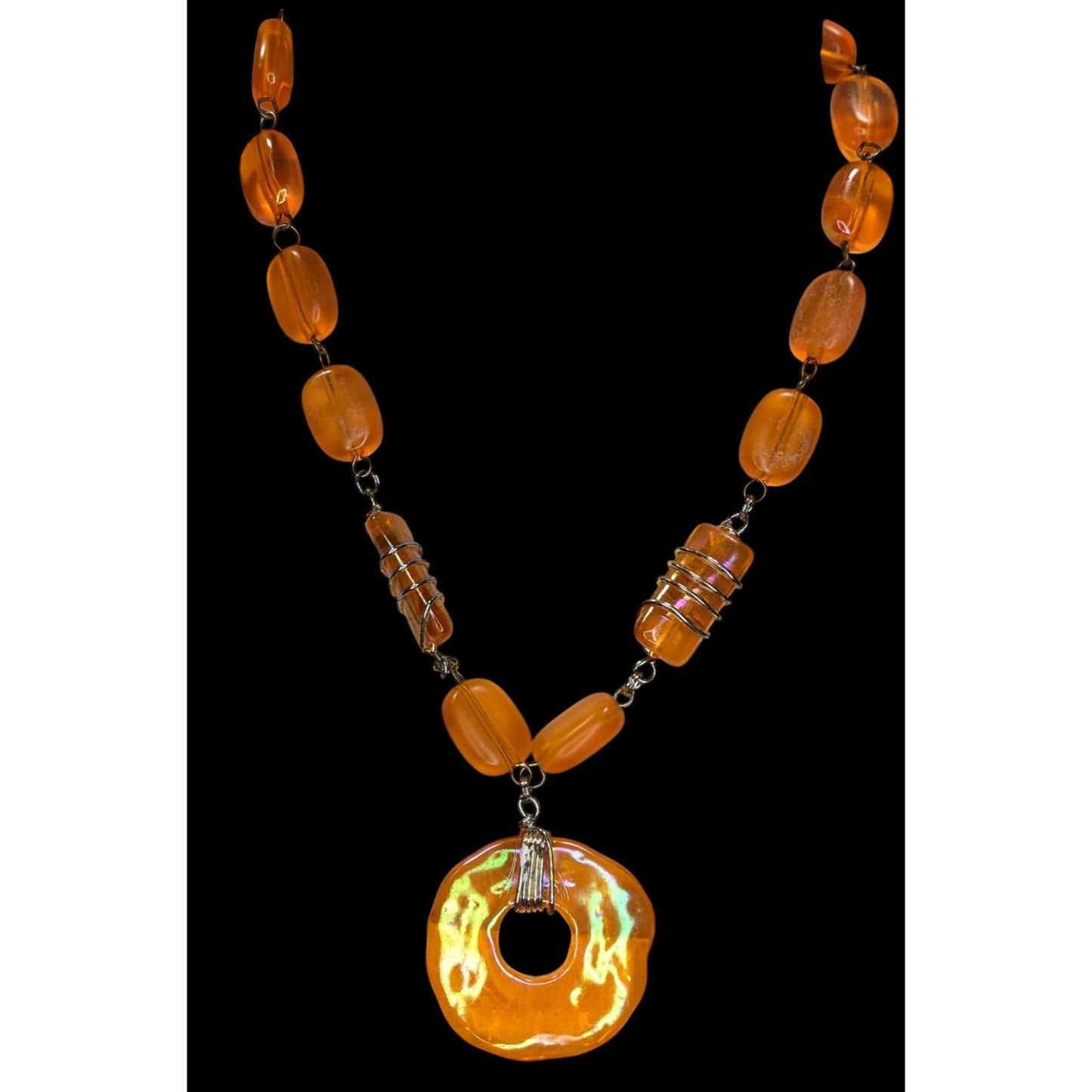 Retro Vintage Orange Iridescent Beaded Statement Necklace Mod Y2K Pendant