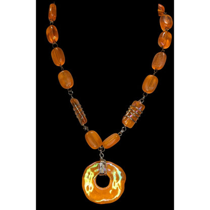 Retro Vintage Orange Iridescent Beaded Statement Necklace Mod Y2K Pendant