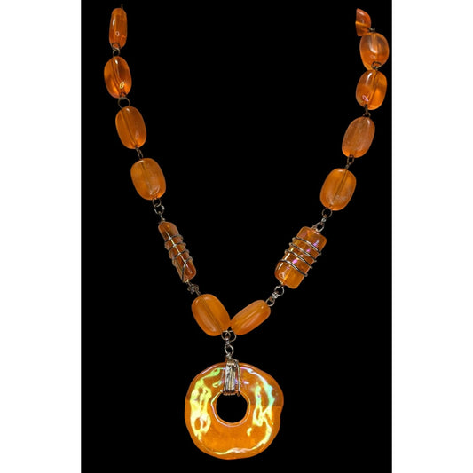 Retro Vintage Orange Iridescent Beaded Statement Necklace Mod Y2K Pendant