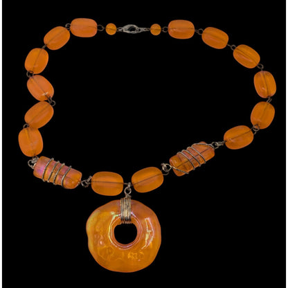 Retro Vintage Orange Iridescent Beaded Statement Necklace Mod Y2K Pendant