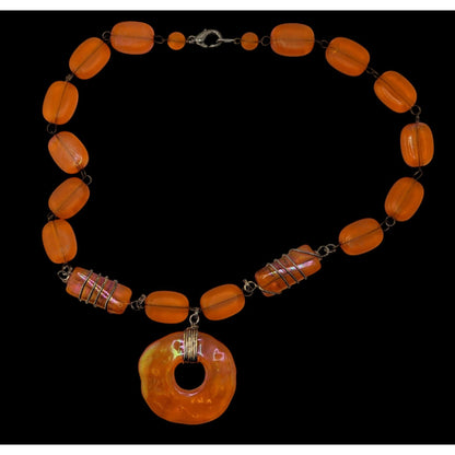 Retro Vintage Orange Iridescent Beaded Statement Necklace Mod Y2K Pendant
