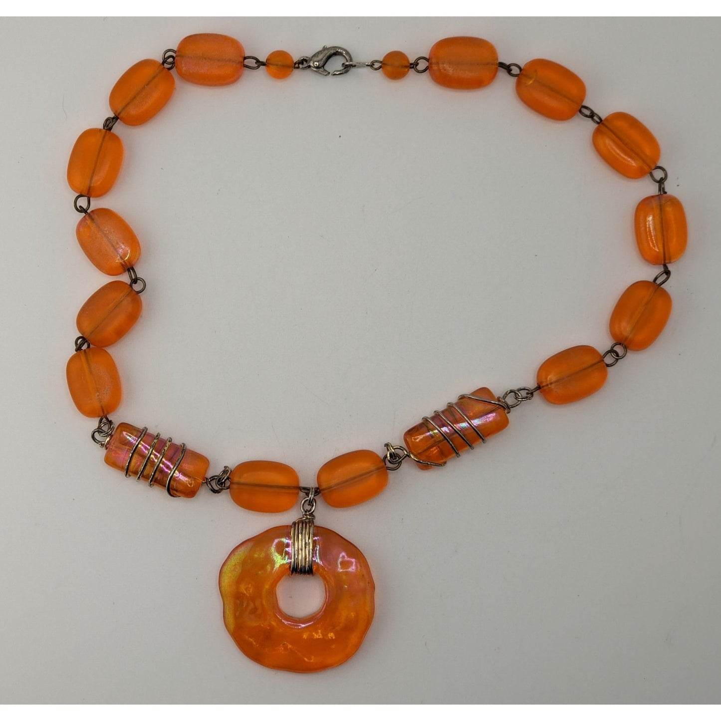 Retro Vintage Orange Iridescent Beaded Statement Necklace Mod Y2K Pendant