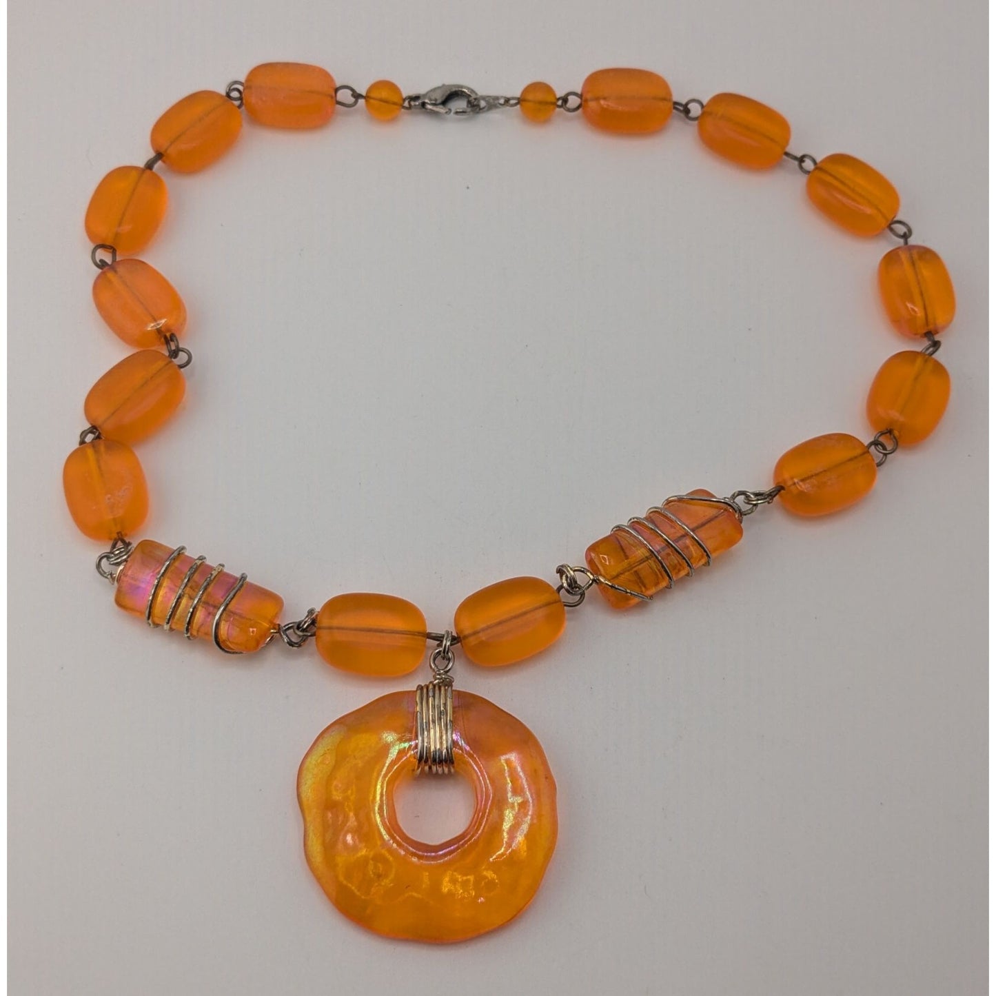 Retro Vintage Orange Iridescent Beaded Statement Necklace Mod Y2K Pendant