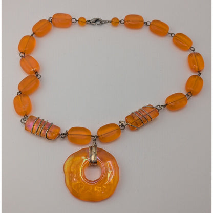Retro Vintage Orange Iridescent Beaded Statement Necklace Mod Y2K Pendant