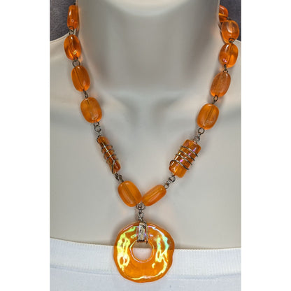Retro Vintage Orange Iridescent Beaded Statement Necklace Mod Y2K Pendant
