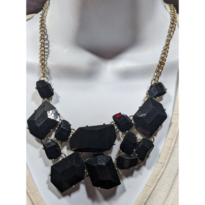 Glam Goth Chunky Black Faceted Gem Mosaic Bib Necklace