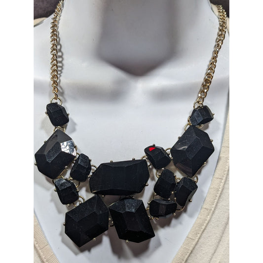 Glam Goth Chunky Black Faceted Gem Mosaic Bib Necklace