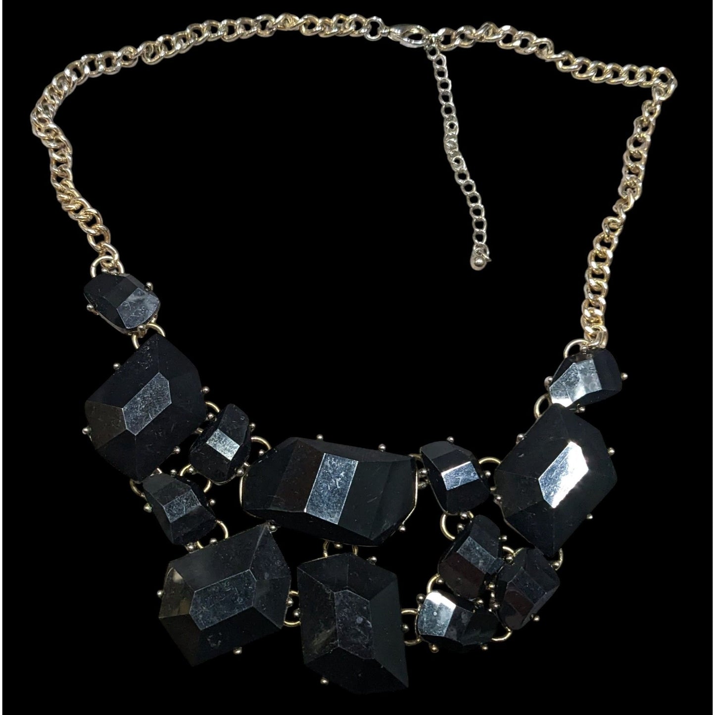 Glam Goth Chunky Black Faceted Gem Mosaic Bib Necklace