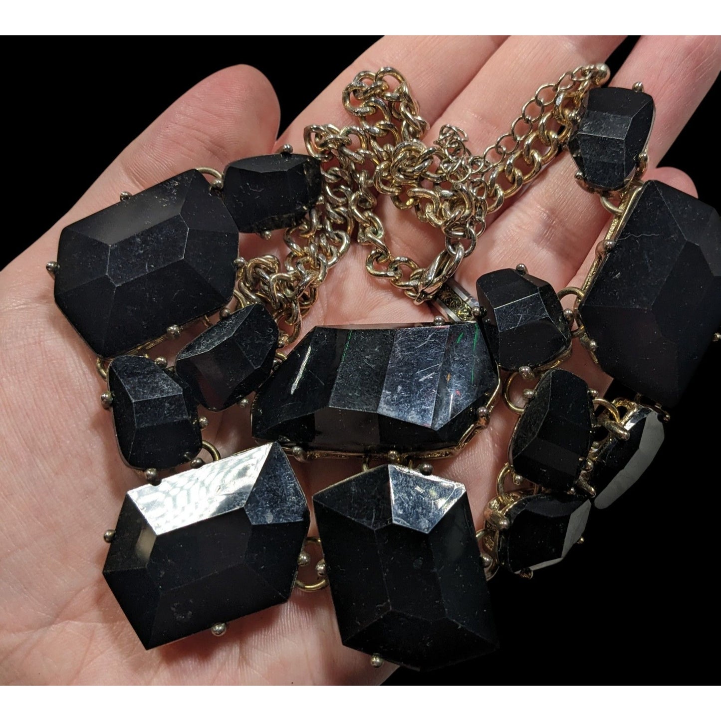 Glam Goth Chunky Black Faceted Gem Mosaic Bib Necklace