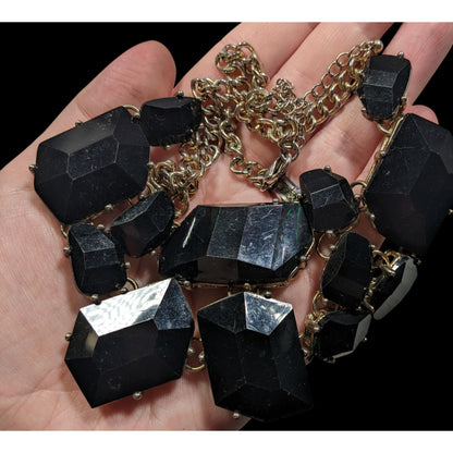 Glam Goth Chunky Black Faceted Gem Mosaic Bib Necklace