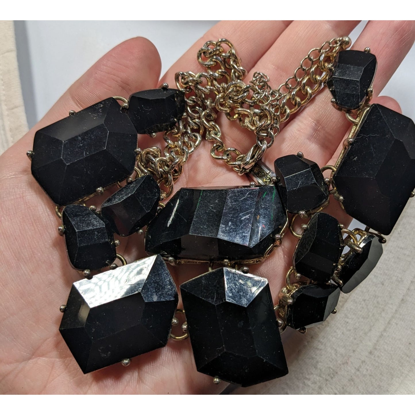 Glam Goth Chunky Black Faceted Gem Mosaic Bib Necklace