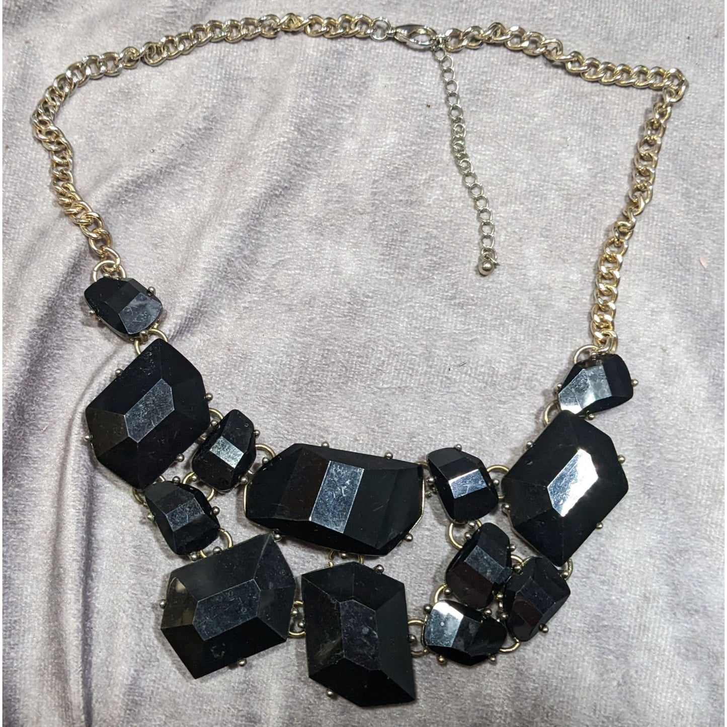 Glam Goth Chunky Black Faceted Gem Mosaic Bib Necklace