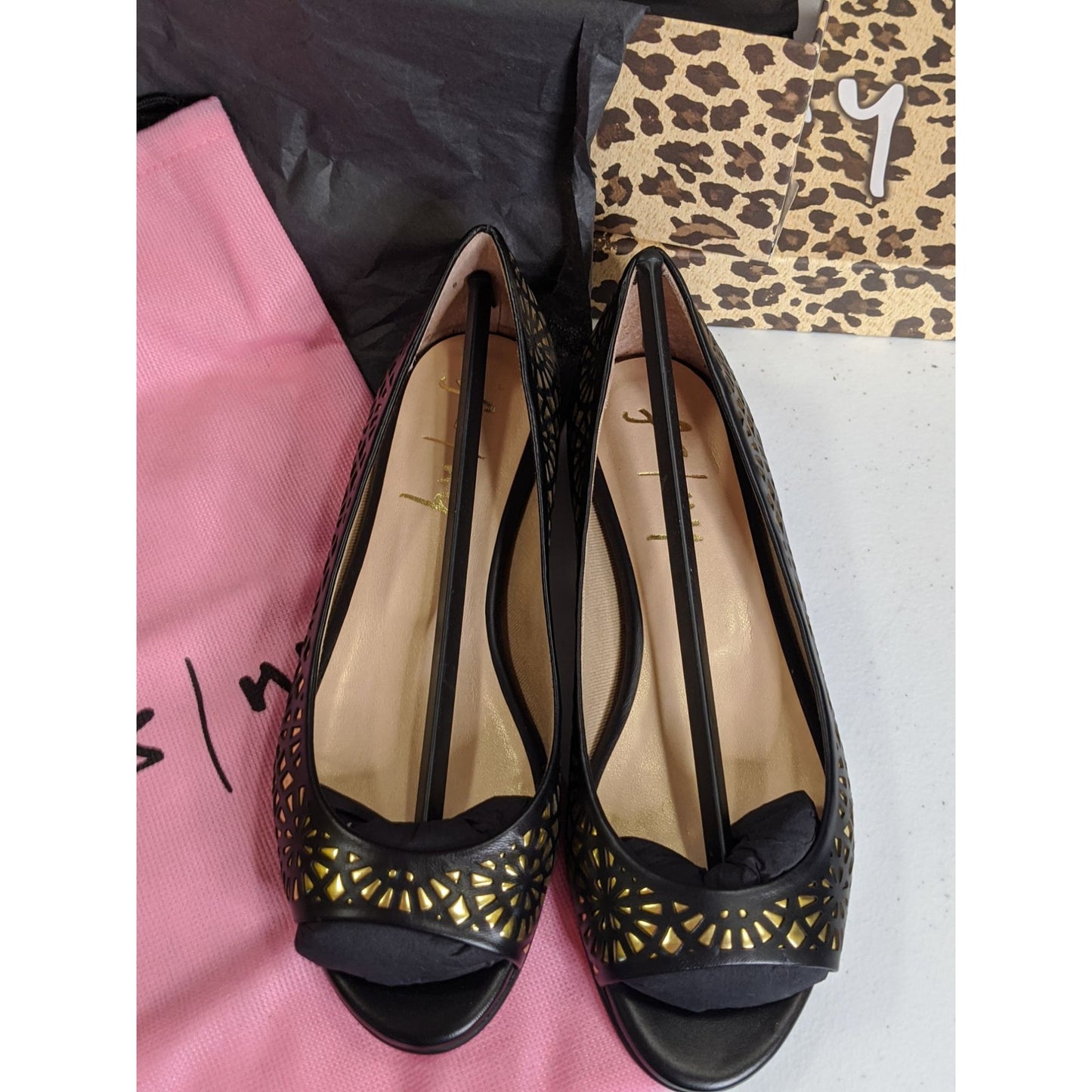 FS/NY Black & Gold "Black Nappa" Laser-Cut Peep Toe Flats