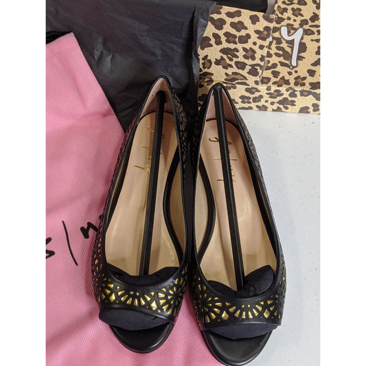 FS/NY Black & Gold "Black Nappa" Laser-Cut Peep Toe Flats
