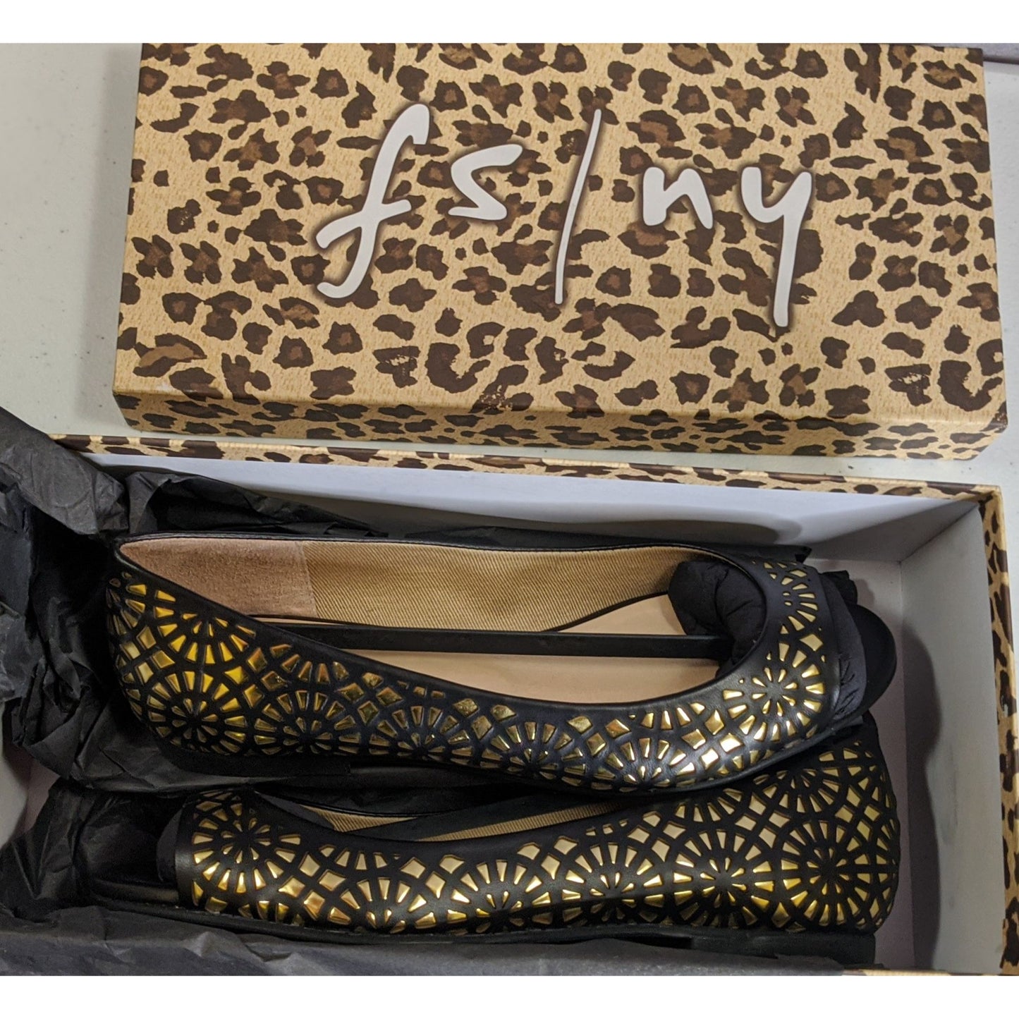 FS/NY Black & Gold "Black Nappa" Laser-Cut Peep Toe Flats