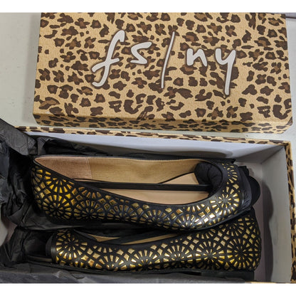 FS/NY Black & Gold "Black Nappa" Laser-Cut Peep Toe Flats